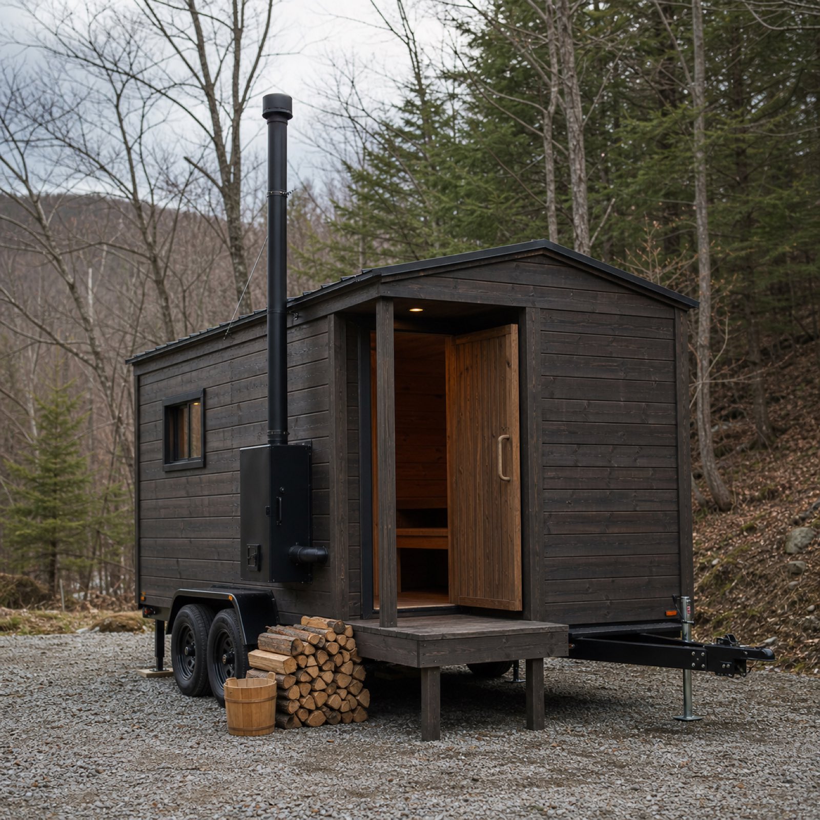 煙突と薪を備えた小屋型サウナ仕様トレーラーハウス外観（イメージ）
